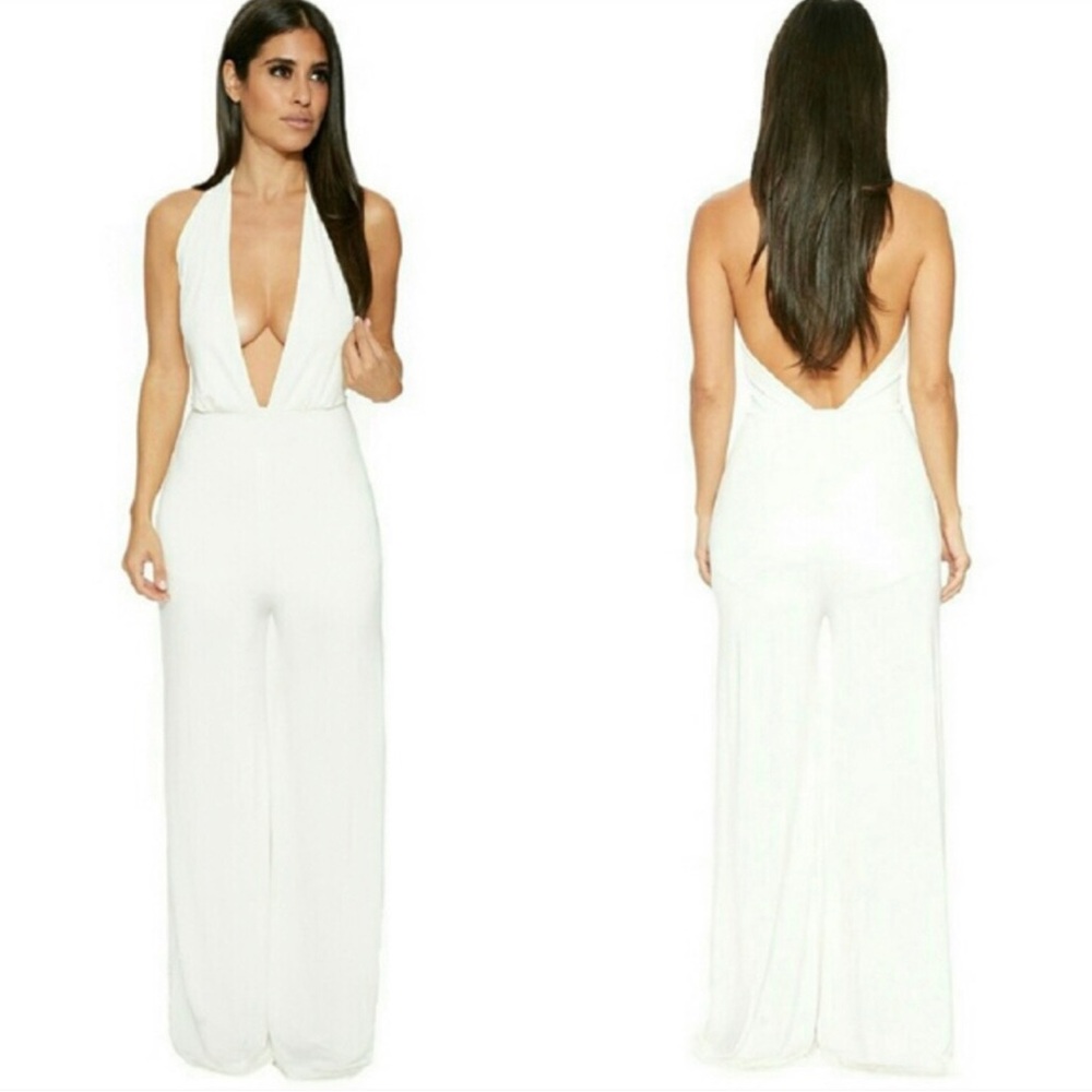 Wide-Leg Plunge-Neckline Jumpsuit